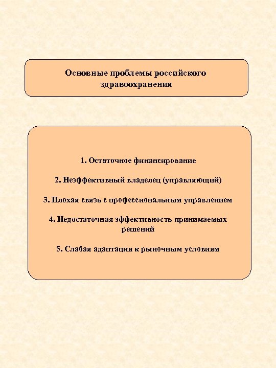 Основные проблемы российского здравоохранения 1. Остаточное финансирование 2. Неэффективный владелец (управляющий) 3. Плохая связь