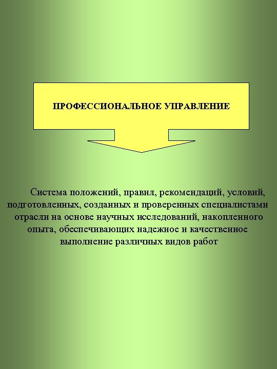 ПРОФЕССИОНАЛЬНОЕ УПРАВЛЕНИЕ Система положений, правил, рекомендаций, условий, подготовленных, созданных и проверенных специалистами отрасли на