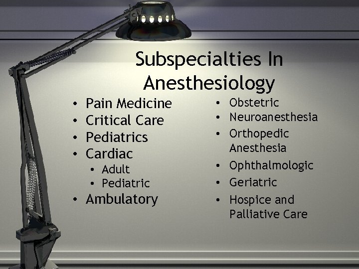 Subspecialties In Anesthesiology • • Pain Medicine Critical Care Pediatrics Cardiac • Adult •