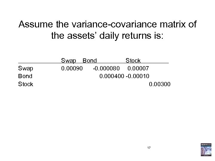 Assume the variance-covariance matrix of the assets’ daily returns is: Swap Bond Stock Swap