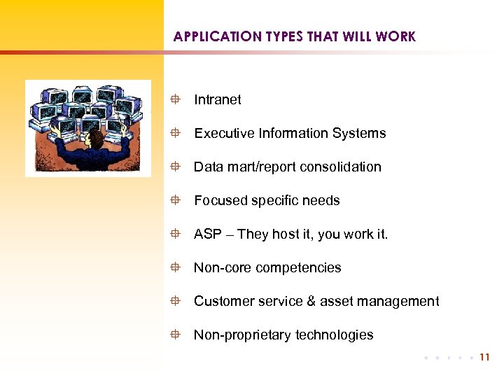 APPLICATION TYPES THAT WILL WORK ° Intranet ° Executive Information Systems ° Data mart/report