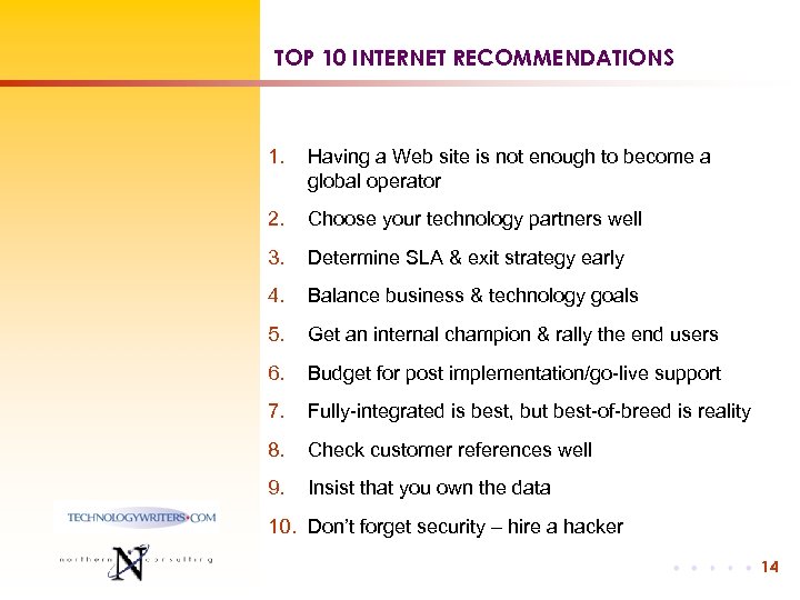 TOP 10 INTERNET RECOMMENDATIONS 1. Having a Web site is not enough to become