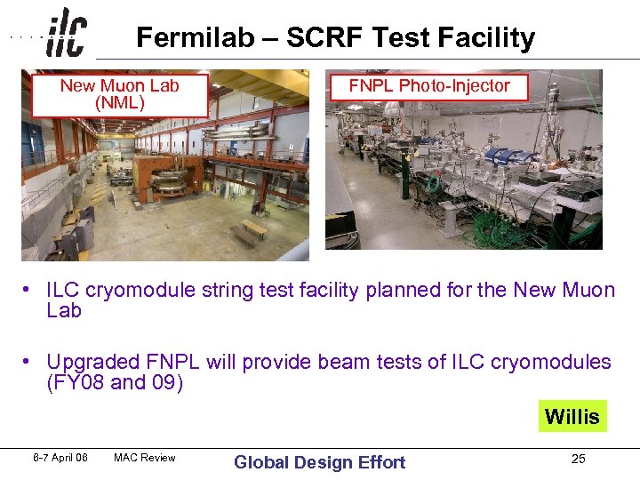 Fermilab – SCRF Test Facility New Muon Lab (NML) FNPL Photo-Injector • ILC cryomodule