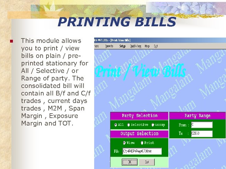 PRINTING BILLS n This module allows you to print / view bills on plain