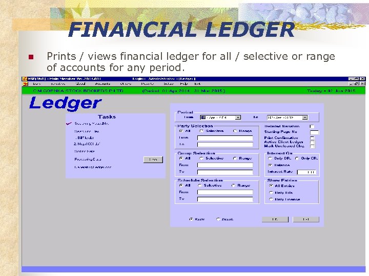 FINANCIAL LEDGER n Prints / views financial ledger for all / selective or range