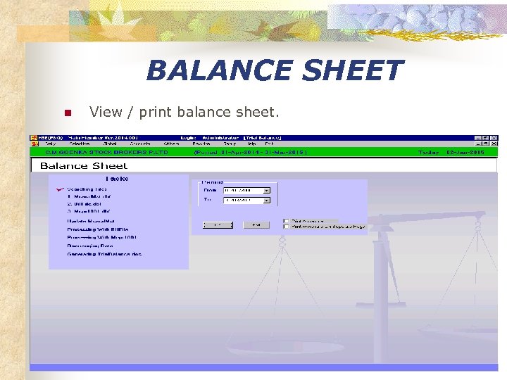 BALANCE SHEET n View / print balance sheet. 