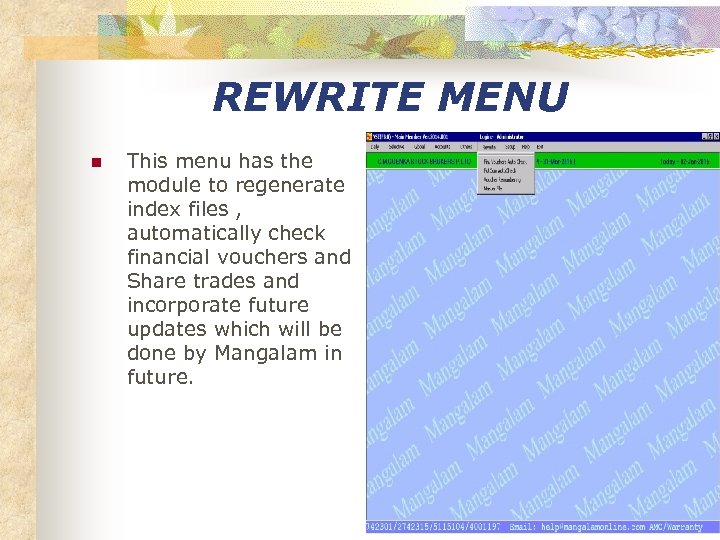 REWRITE MENU n This menu has the module to regenerate index files , automatically