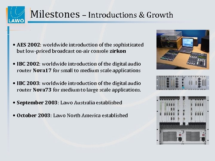 Milestones – Introductions & Growth • AES 2002: worldwide introduction of the sophisticated but