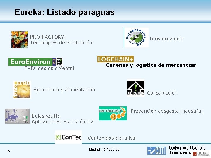 Eureka: Listado paraguas PRO-FACTORY: Tecnologías de Producción Turismo y ocio Cadenas y logística de