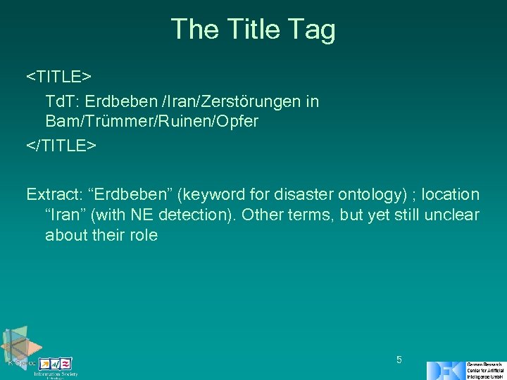 The Title Tag <TITLE> Td. T: Erdbeben /Iran/Zerstörungen in Bam/Trümmer/Ruinen/Opfer </TITLE> Extract: “Erdbeben” (keyword