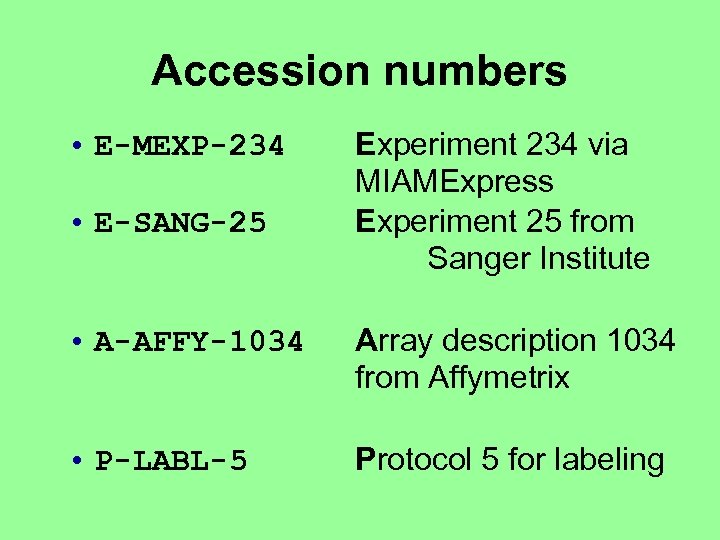 Accession numbers • E-MEXP-234 • E-SANG-25 Experiment 234 via MIAMExpress Experiment 25 from Sanger