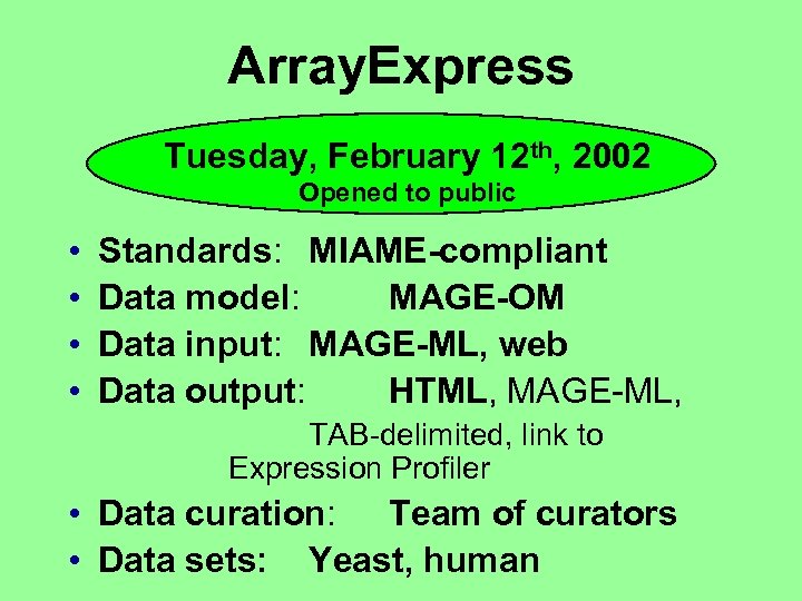 Array. Express Tuesday, February 12 th, 2002 Opened to public • • Standards: MIAME-compliant