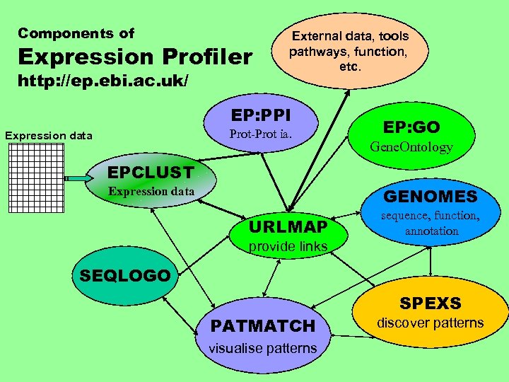 Components of Expression Profiler http: //ep. ebi. ac. uk/ External data, tools pathways, function,