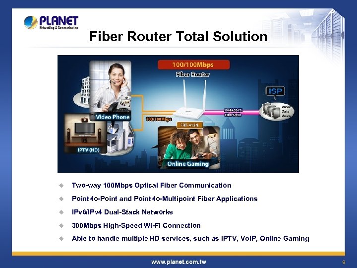 Fiber Router Total Solution u Two-way 100 Mbps Optical Fiber Communication u Point-to-Point and