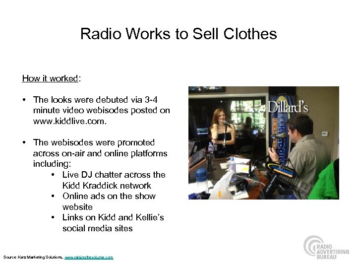 Radio Works to Sell Clothes How it worked: • The looks were debuted via