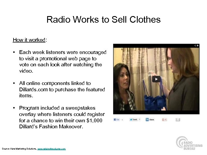 Radio Works to Sell Clothes How it worked: • Each week listeners were encouraged