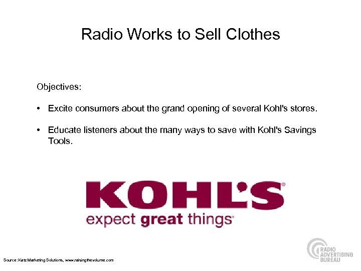 Radio Works to Sell Clothes Objectives: • Excite consumers about the grand opening of