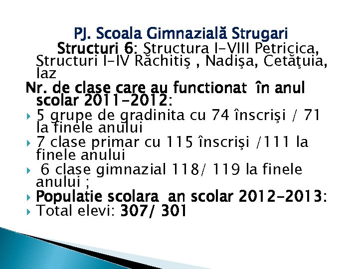 PJ. Scoala Gimnazială Strugari Structuri 6: Structura I-VIII Petricica, Structuri I-IV Răchitiş , Nadişa,