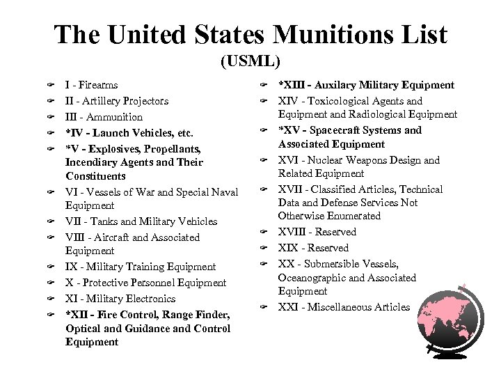 The United States Munitions List (USML) F F F I - Firearms II -