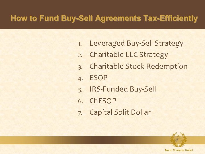 How to Fund Buy-Sell Agreements Tax-Efficiently 1. 2. 3. 4. 5. 6. 7. Leveraged