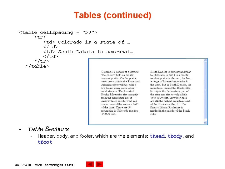 Tables (continued) <table cellspacing = "50"> <tr> <td> Colorado is a state of …