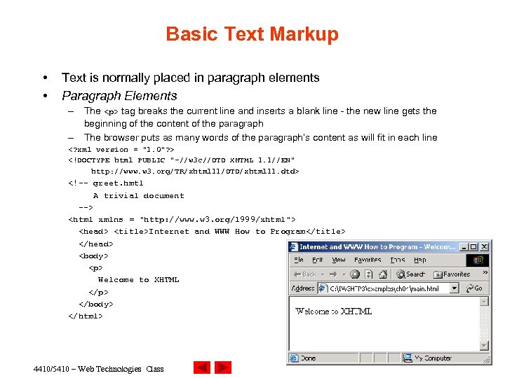 Basic Text Markup • • Text is normally placed in paragraph elements Paragraph Elements