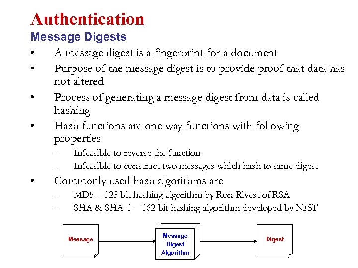 Authentication Message Digests • A message digest is a fingerprint for a document •
