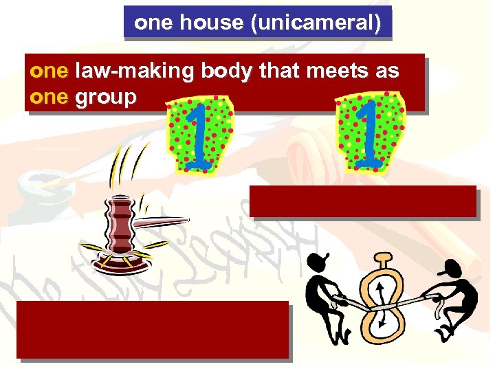 one house (unicameral) one law-making body that meets as one group 