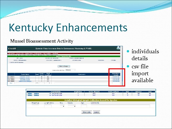 Kentucky Enhancements Mussel Bioassessment Activity individuals details csv file import available 