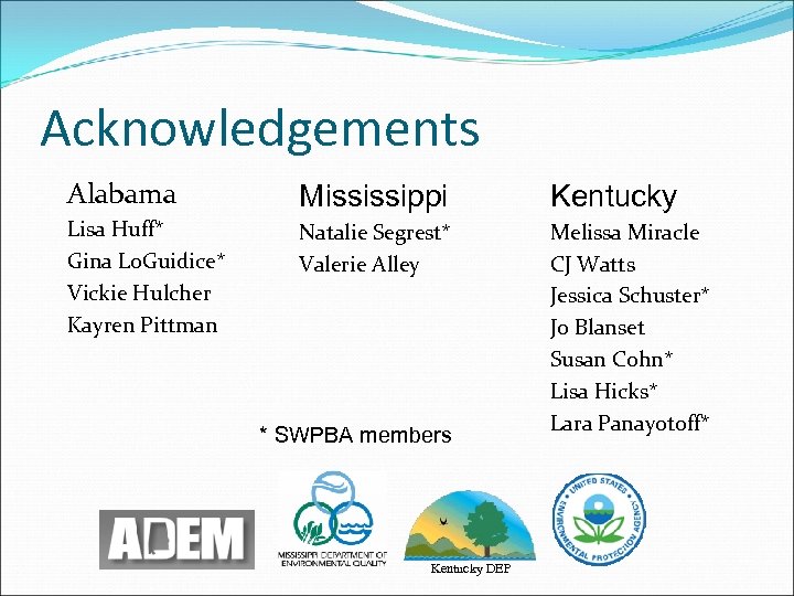 Acknowledgements Alabama Mississippi Kentucky Lisa Huff* Gina Lo. Guidice* Vickie Hulcher Kayren Pittman Natalie