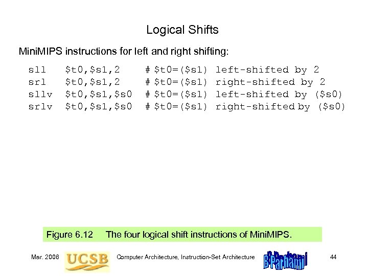 Logical Shifts Mini. MIPS instructions for left and right shifting: sll srl sllv srlv
