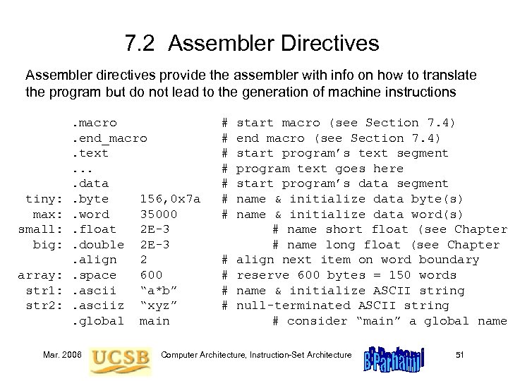 7. 2 Assembler Directives Assembler directives provide the assembler with info on how to