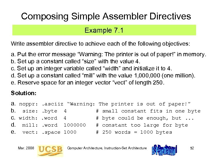 Composing Simple Assembler Directives Example 7. 1 Write assembler directive to achieve each of