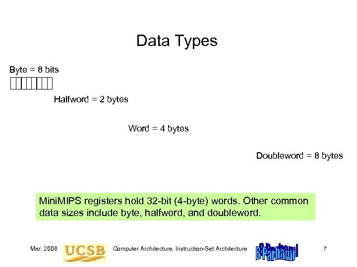 Data Types Byte = 8 bits Halfword = 2 bytes Word = 4 bytes