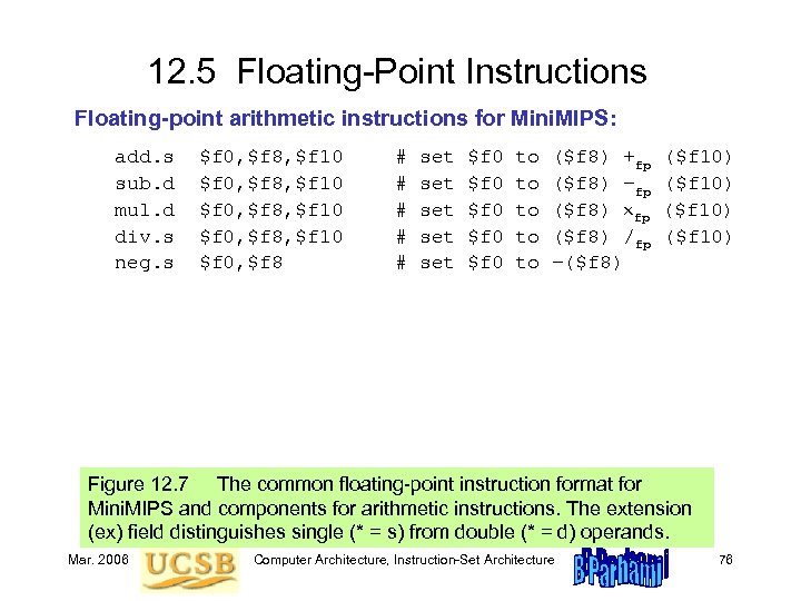 12. 5 Floating-Point Instructions Floating-point arithmetic instructions for Mini. MIPS: add. s sub. d