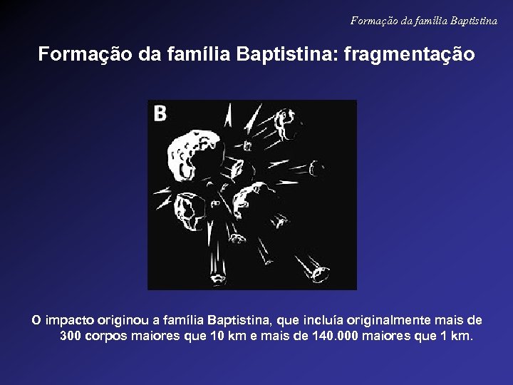Formação da família Baptistina: fragmentação O impacto originou a família Baptistina, que incluía originalmente