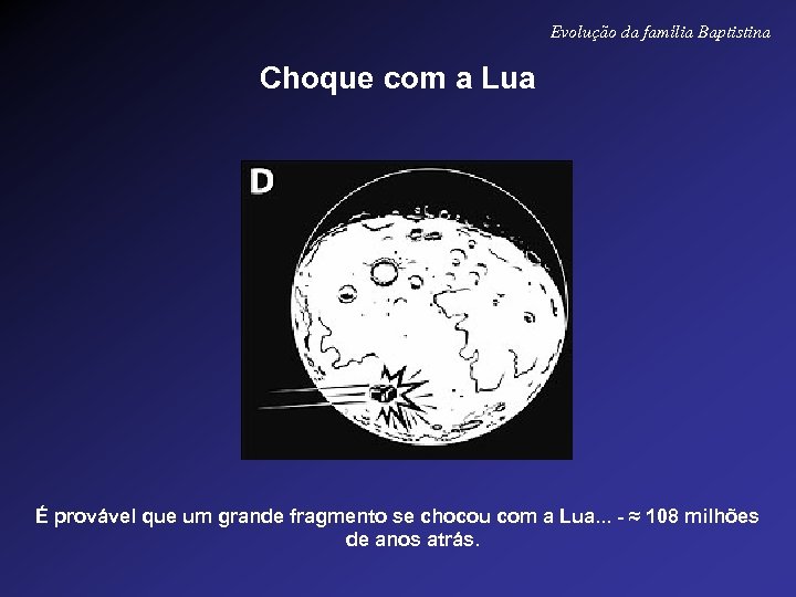 Evolução da família Baptistina Choque com a Lua É provável que um grande fragmento