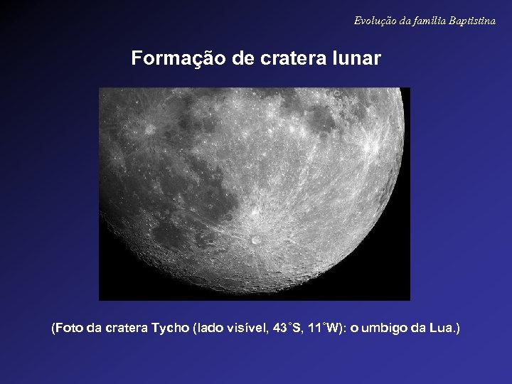 Evolução da família Baptistina Formação de cratera lunar (Foto da cratera Tycho (lado visível,