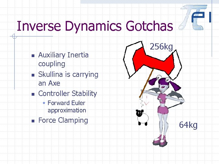 Inverse Dynamics Gotchas n n n Auxiliary Inertia coupling Skullina is carrying an Axe