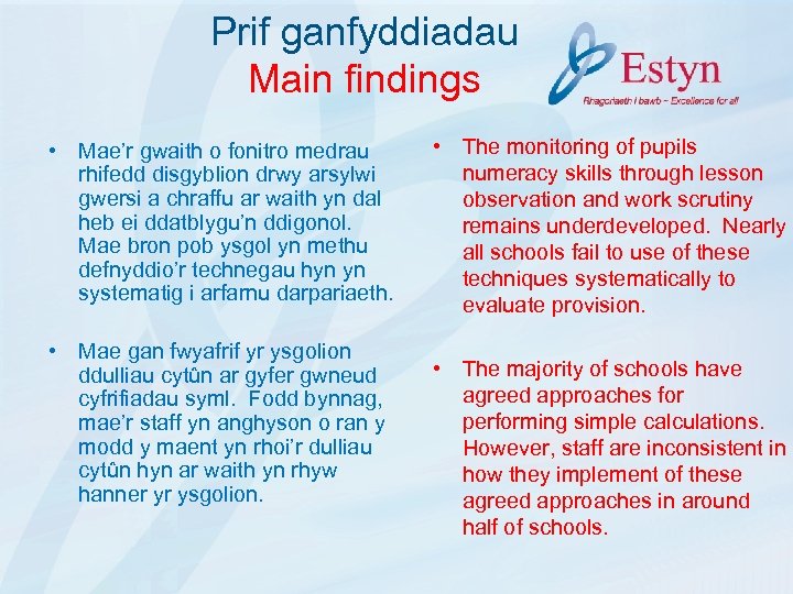 Prif ganfyddiadau Main findings • Mae’r gwaith o fonitro medrau rhifedd disgyblion drwy arsylwi