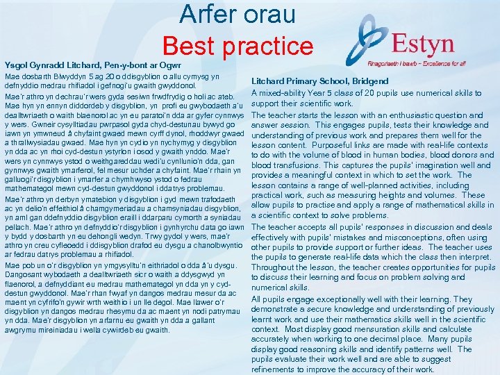 Arfer orau Best practice Ysgol Gynradd Litchard, Pen-y-bont ar Ogwr Mae dosbarth Blwyddyn 5