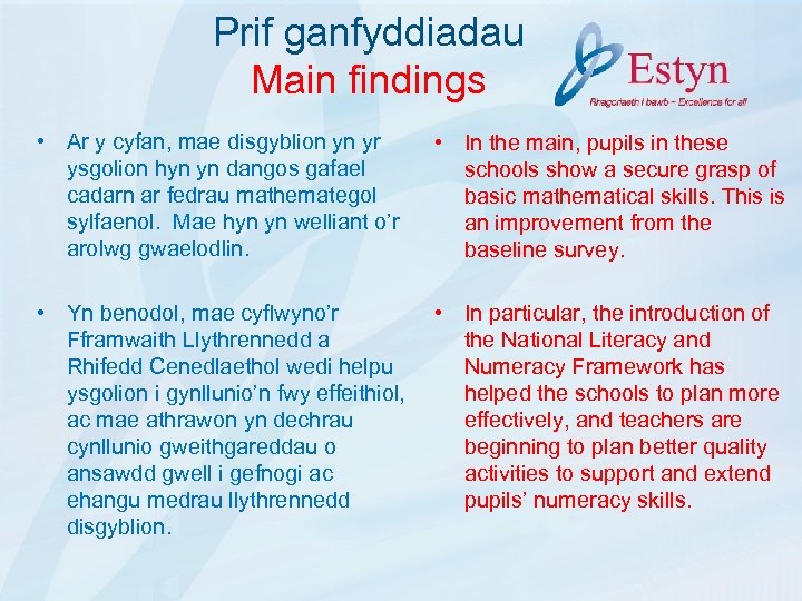 Prif ganfyddiadau Main findings • Ar y cyfan, mae disgyblion yn yr ysgolion hyn