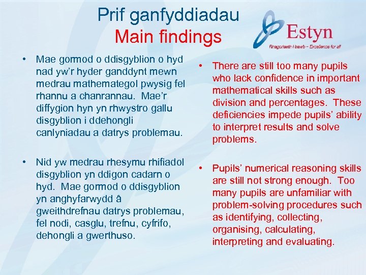 Prif ganfyddiadau Main findings • Mae gormod o ddisgyblion o hyd nad yw’r hyder