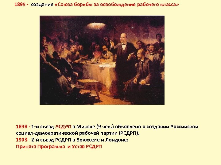 1895 - создание «Союза борьбы за освобождение рабочего класса» 1898 - 1 -й съезд