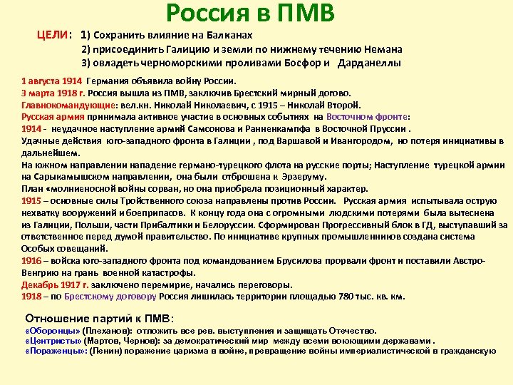 Россия в ПМВ ЦЕЛИ: 1) Сохранить влияние на Балканах 2) присоединить Галицию и земли
