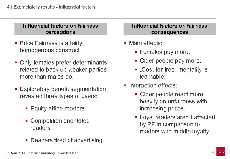 4 | Exemplatory results - influencial factors Influencial factors on fairness perceptions § Price