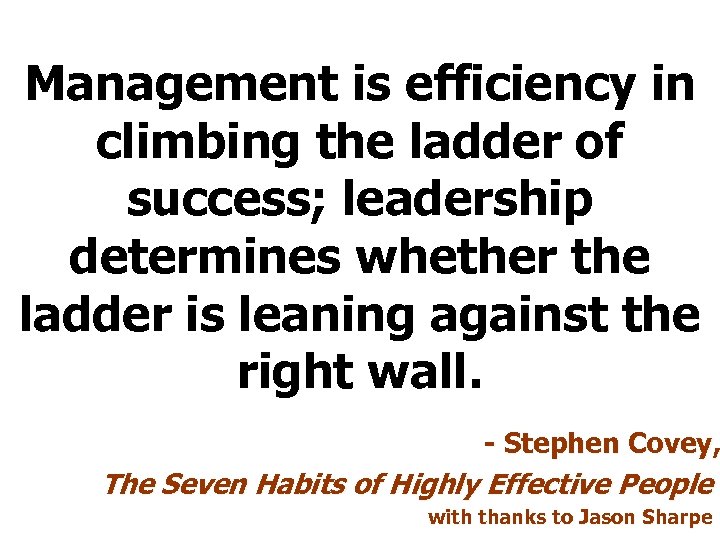 Management is efficiency in climbing the ladder of success; leadership determines whether the ladder