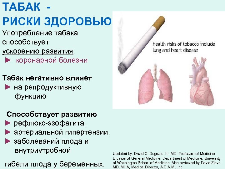 ТАБАК РИСКИ ЗДОРОВЬЮ Употребление табака способствует ускорению развития: ► коронарной болезни Табак негативно влияет