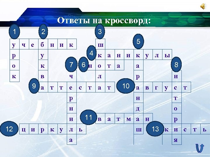 Ответы на кроссворд: 2 3 у ч е б н и к ш 1
