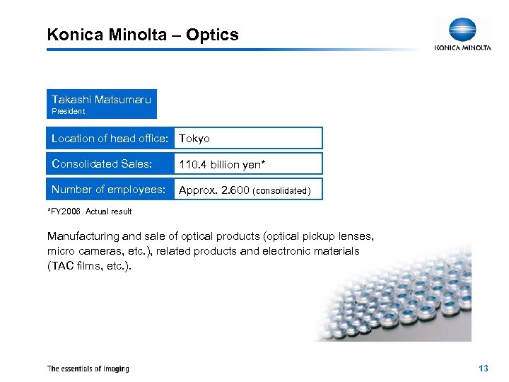 Konica Minolta – Optics Takashi Matsumaru President Location of head office: Tokyo Consolidated Sales: